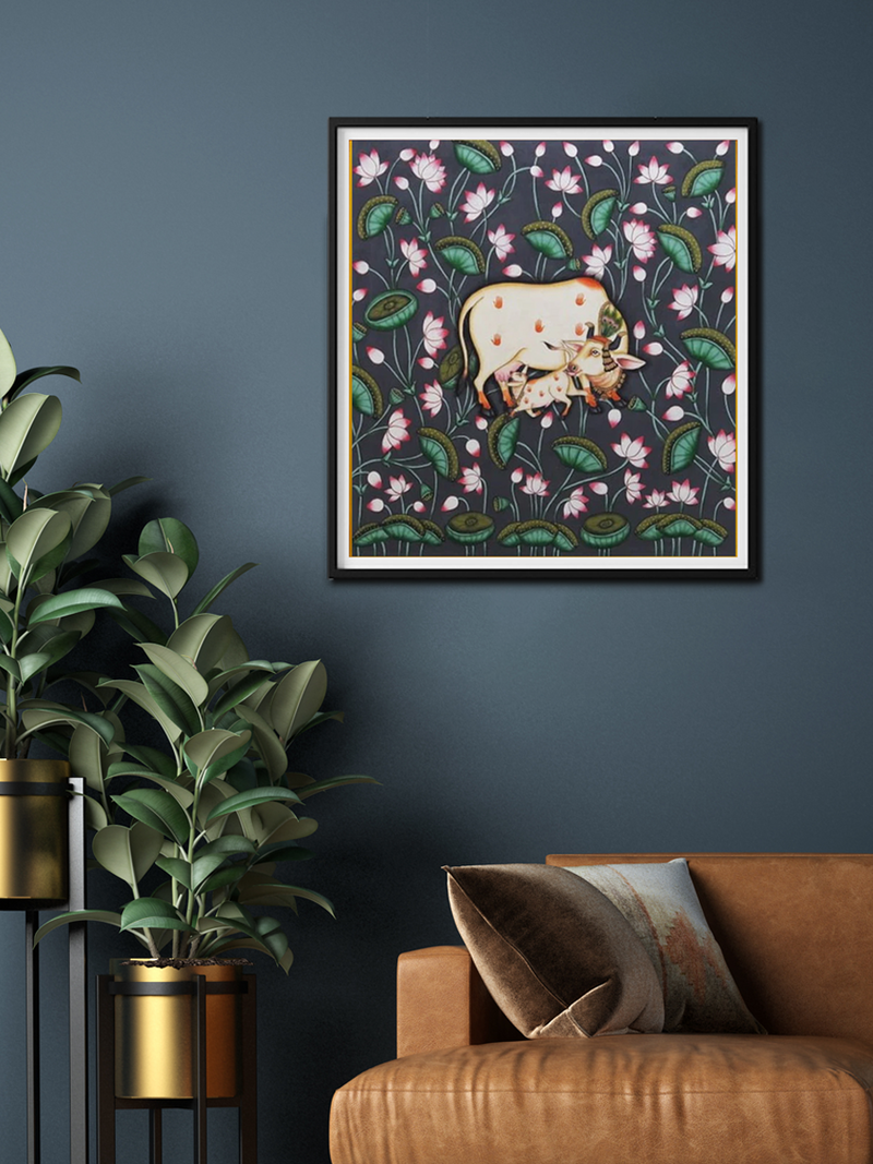 Purchase Cow with calf between a lotus pond Pichwai art