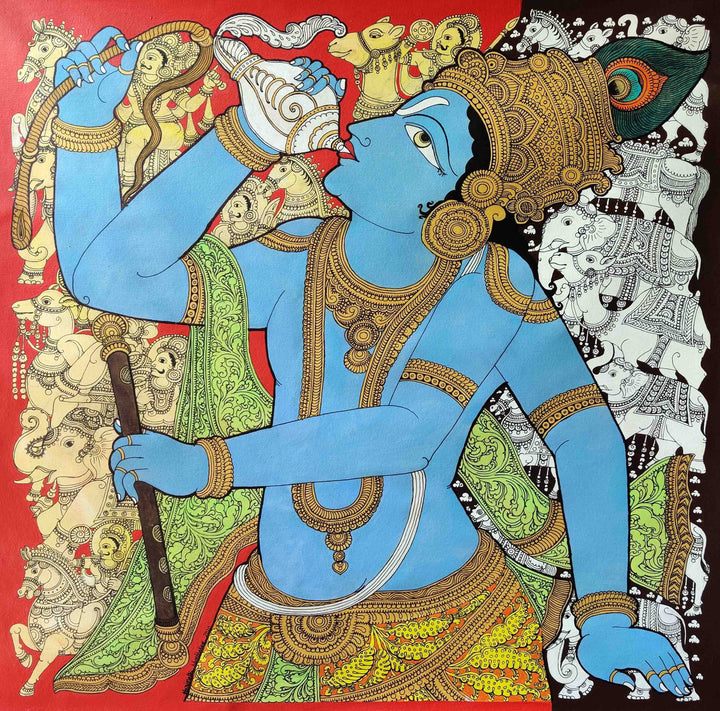 Divine Melodies: Lord Krishna in Kalamkari Splendour, Kalamkari Inspired painting by Harinath.N Thumbnail