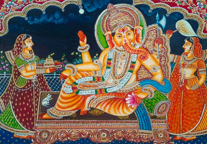 Divine Nocturne: Lord Ganesha's Serenade in Usta Miniature by Pankaj Kumar Thumbnail
