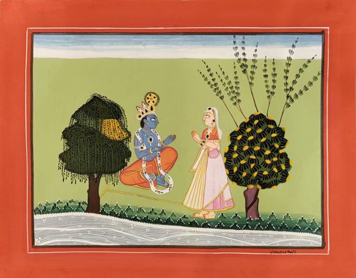 Divine Rendezvous: Basohli's Enchanting Landscape Basohli Painting by Aastha Billowria  & Shivakshi Sharma Thumbnail