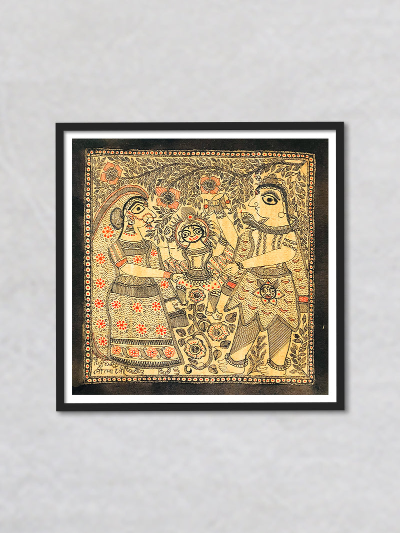 Divine Family A Mythological Tapestry of Madhubani Art, Madhubani Painting by Ambika Devi