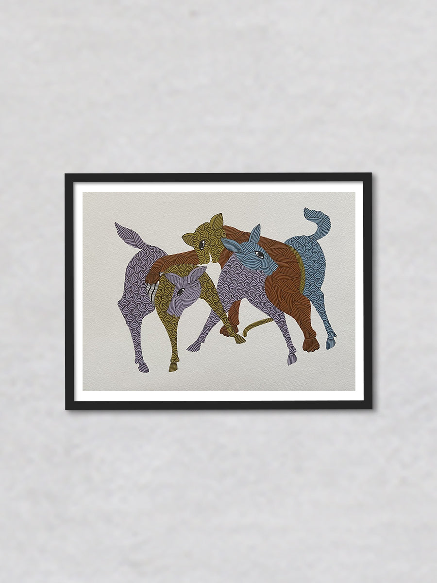 Dogs Fighting, Gond painting by Venkat Shyam