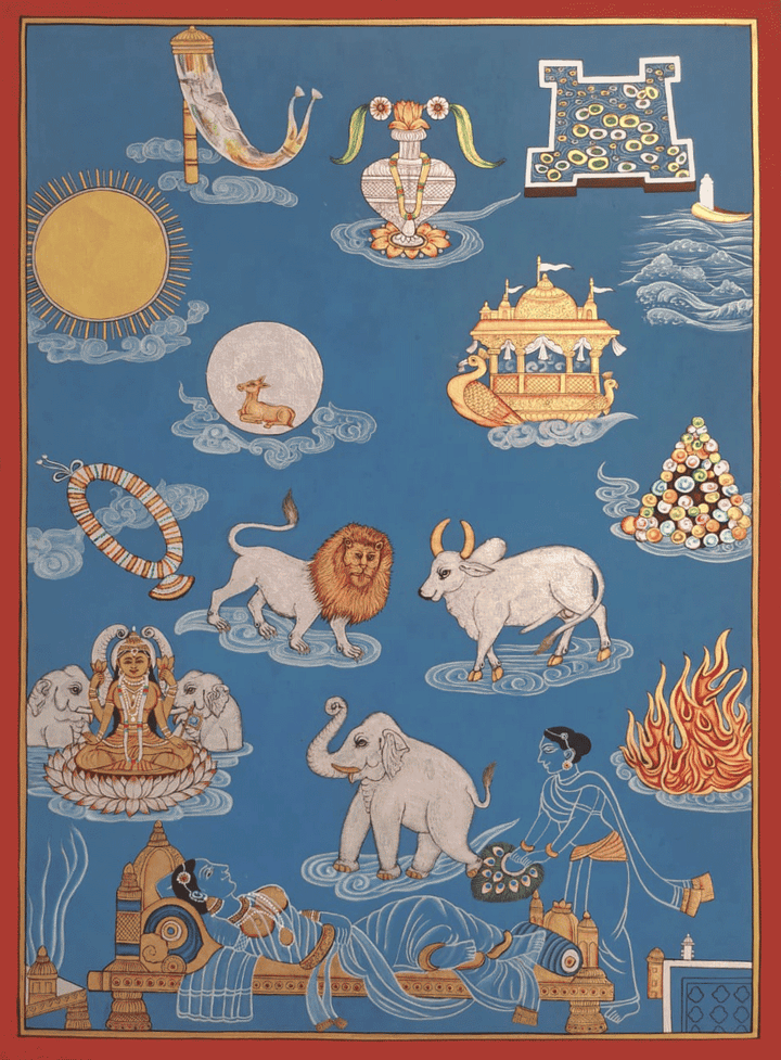 Dreams of Mother Trishala in Jain painting by Shehzaad Ali Sherani Thumbnail