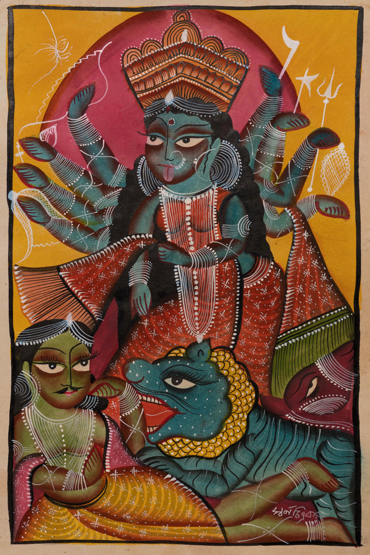 Durga slaying Mahishasura in Bengal Pattachitra by Swarna Chitrakar Thumbnail