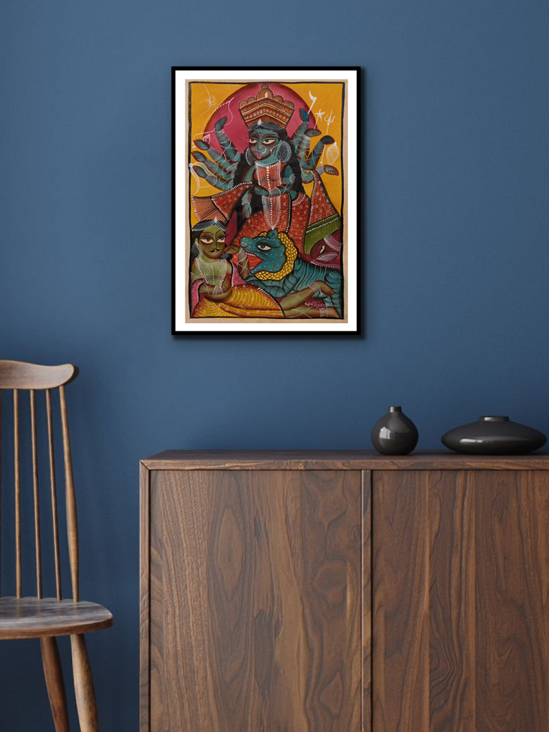Shop Durga slaying Mahishasura in Bengal Pattachitra by Swarna Chitrakar