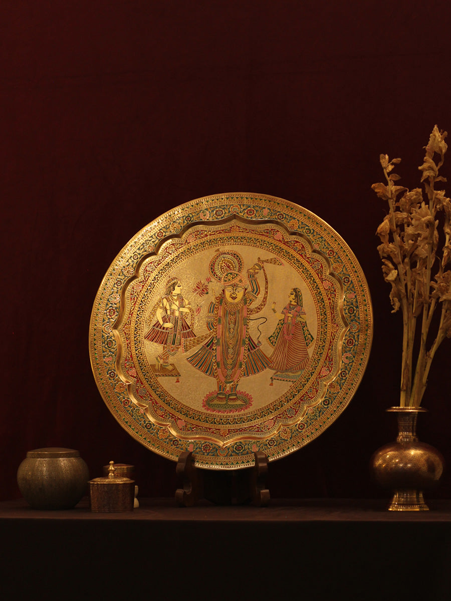Shop Lord Shrinathji accompanied by Radha and Krishna in Marodi Brass Plate