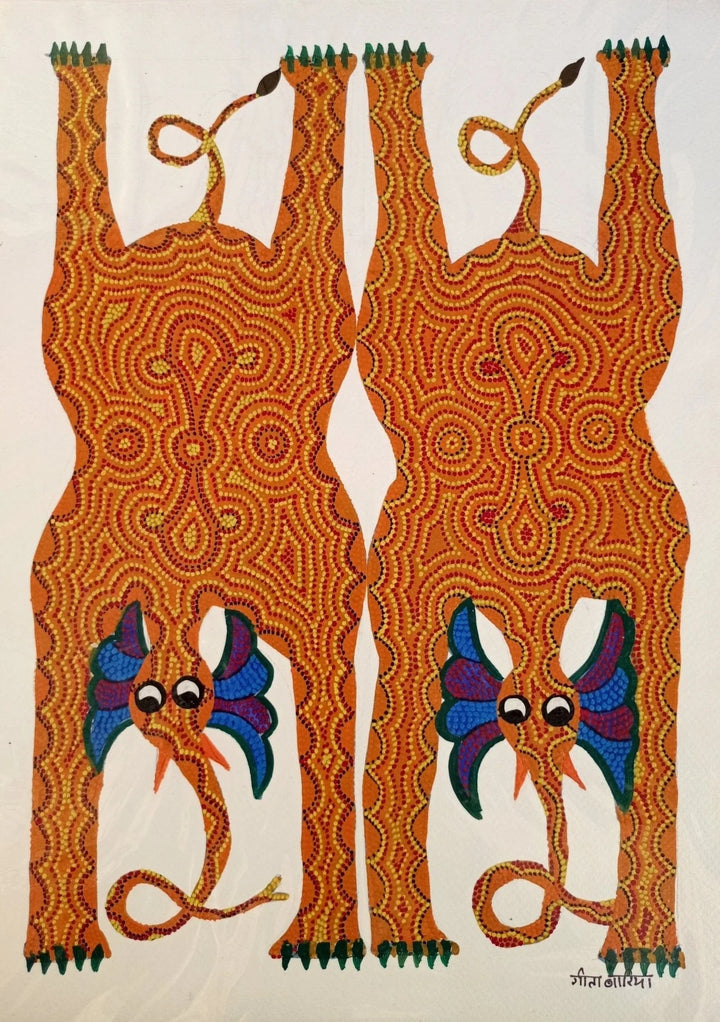 Elegant Elephants in Bhil Painting by Geeta Bariya Thumbnail