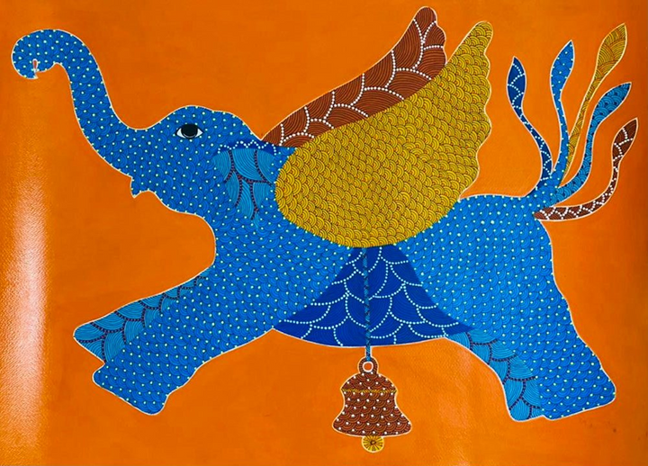Elephant in Flight: A Spiritual Gond Painting by Venkat Shyam Thumbnail
