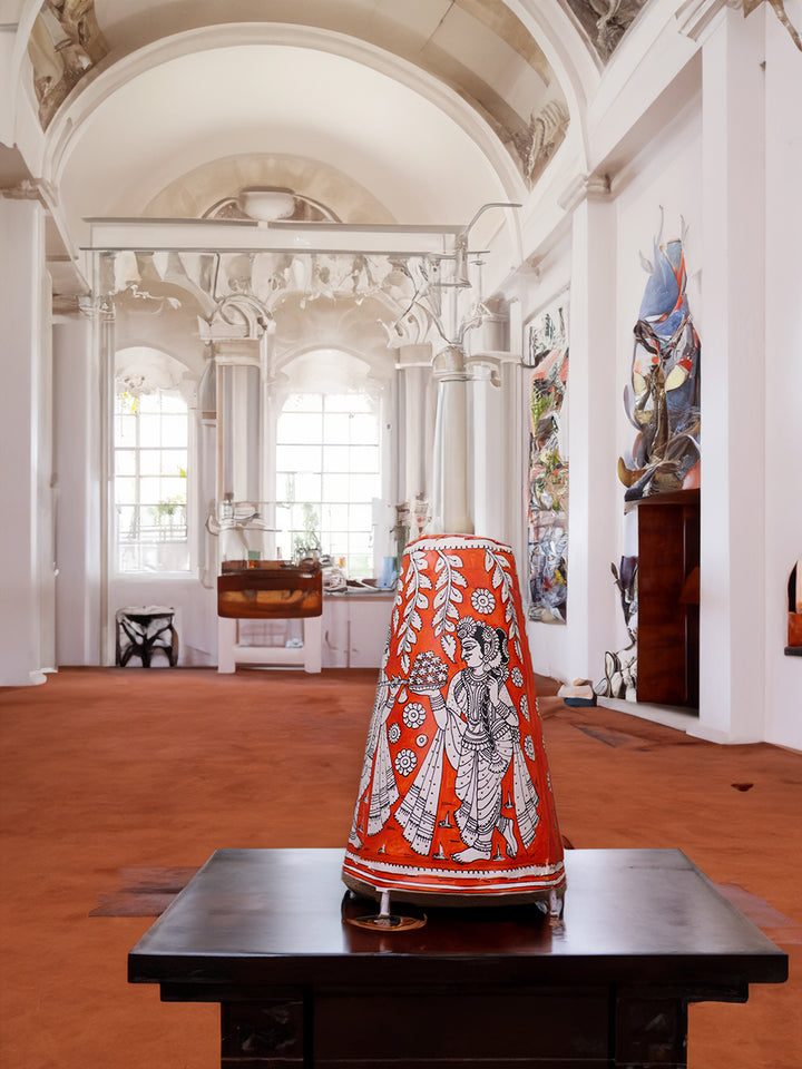 Elegantly Divine: Orange Radha Krishna Tholu Bommalata Tabletop Lamp by Kanday Anjanappa Thumbnail