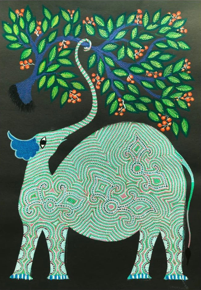 Elephant in a Forest Bhil Painting by Geeta Bariya Thumbnail