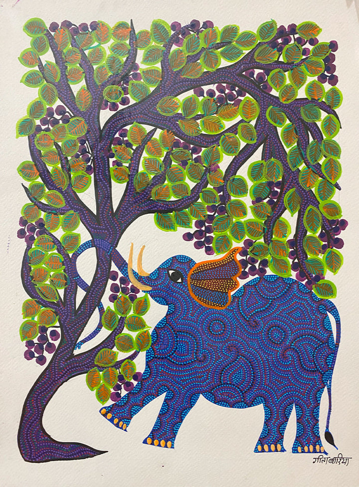 Elephant under a Tree, Bhil Art by Geeta Bariya Thumbnail