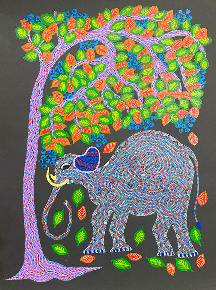 Elephant under a Tree, Bhil Art by Geeta Bariya Thumbnail