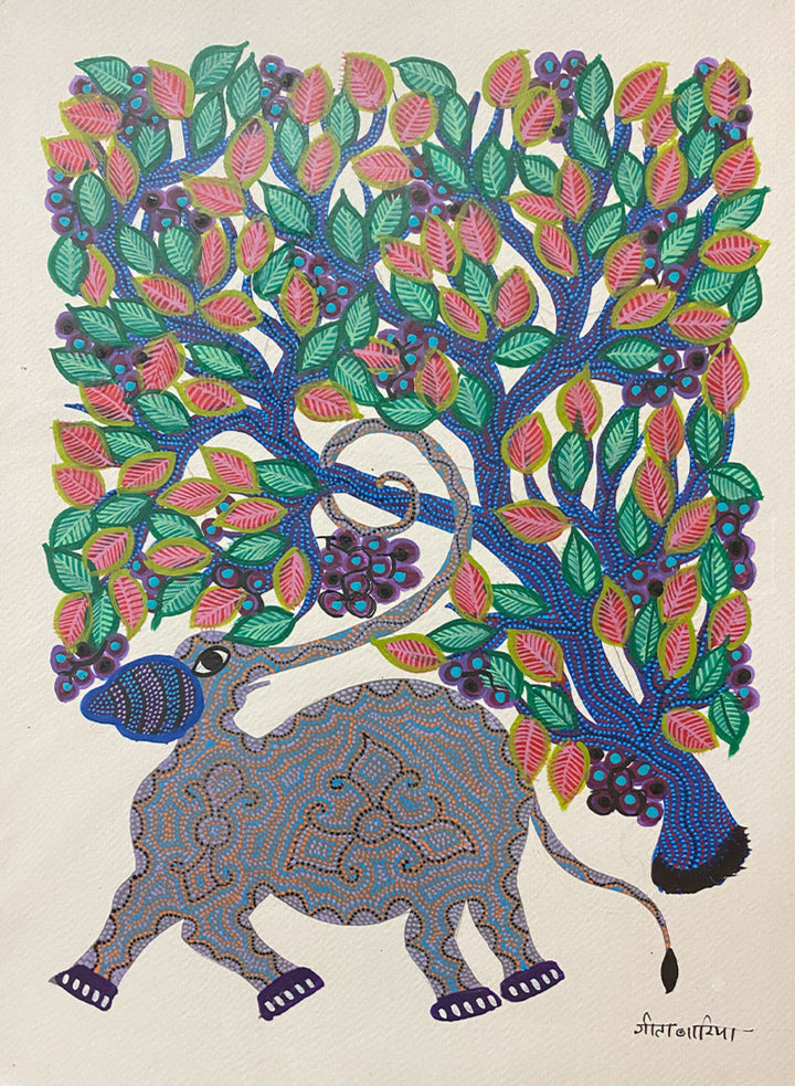 Elephant under a Tree, Bhil Art by Geeta Bariya Thumbnail