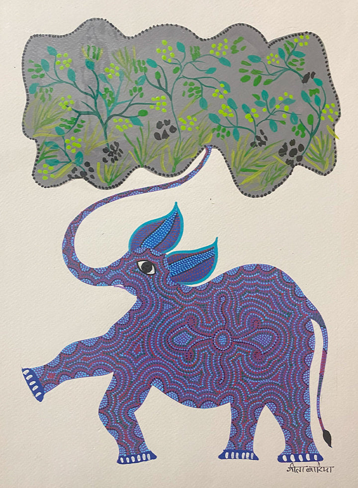 Elephant with Tree, Bhil Art by Geeta Bariya Thumbnail
