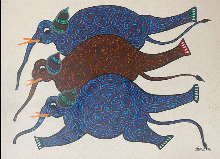 Elephants, Bhil Art by Geeta Bariya Thumbnail