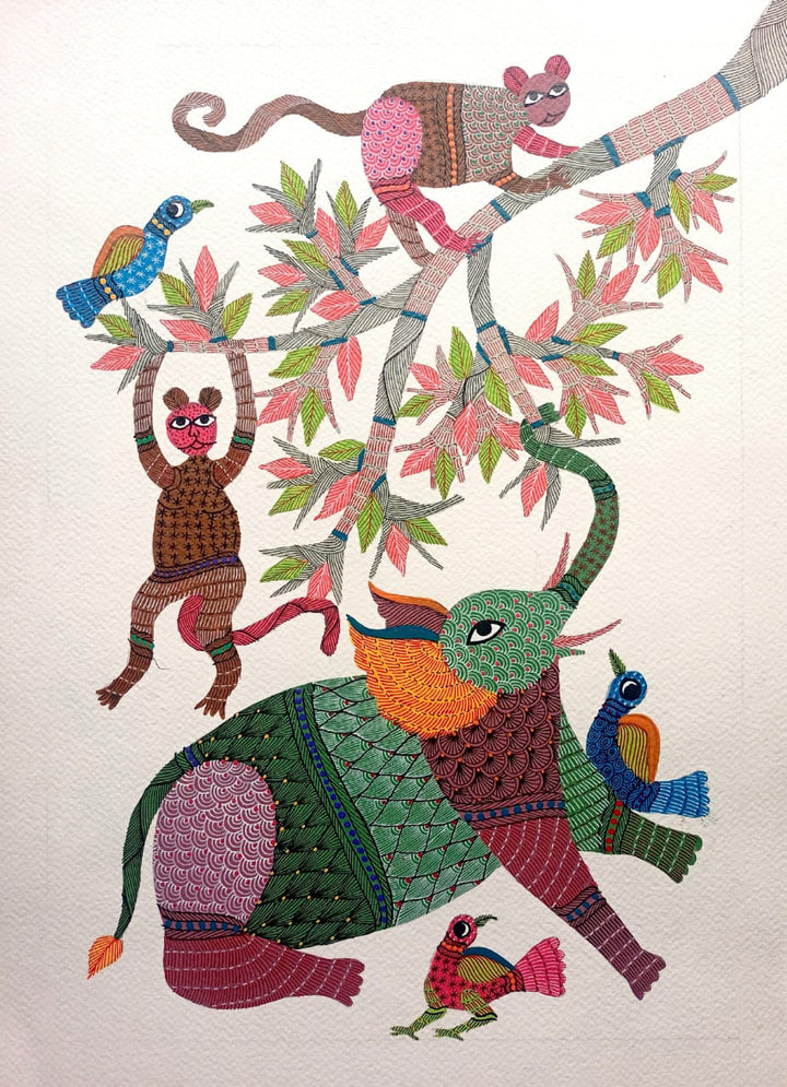 Under the Tree's Canopy: Elephant, Birds and Monkey in Gond by Kailash Pradhan Thumbnail