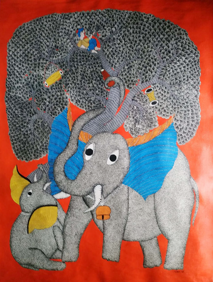 Elephant and Calf: Gond Painting by Kailash Pradhan Thumbnail