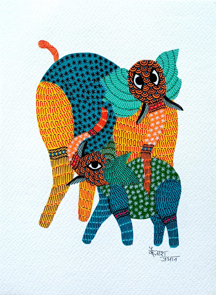 Elephant and Calf in Gond by Kailash Pradhan Thumbnail