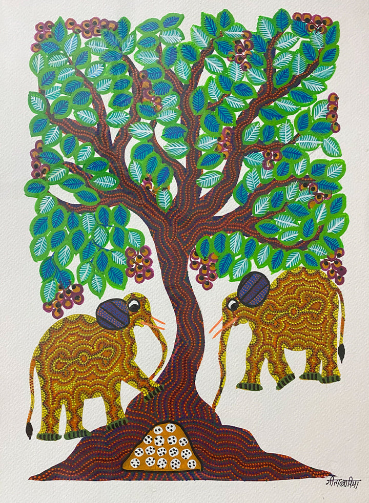 Elephants under the tree, Bhil Art by Geeta Bariya Thumbnail