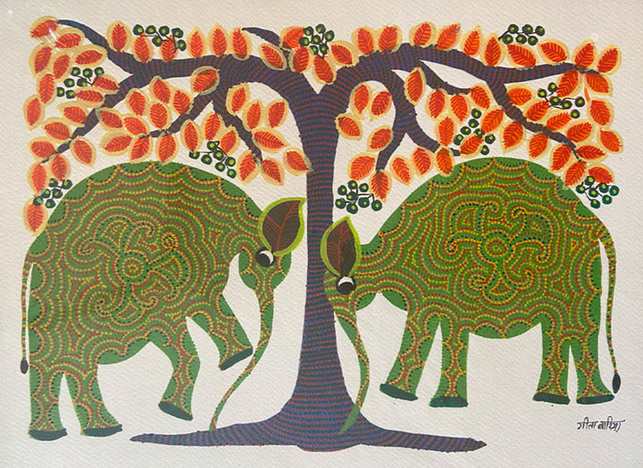 Elephants with a Tree, Bhil Art by Geeta Bariya Thumbnail