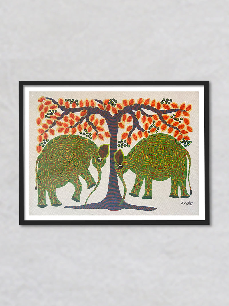 Elephants with a Tree, Bhil Art by Geeta Bariya