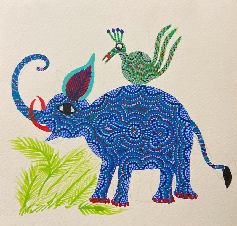 Buy Elephant with bird, Bhil Art by Geeta Bariya