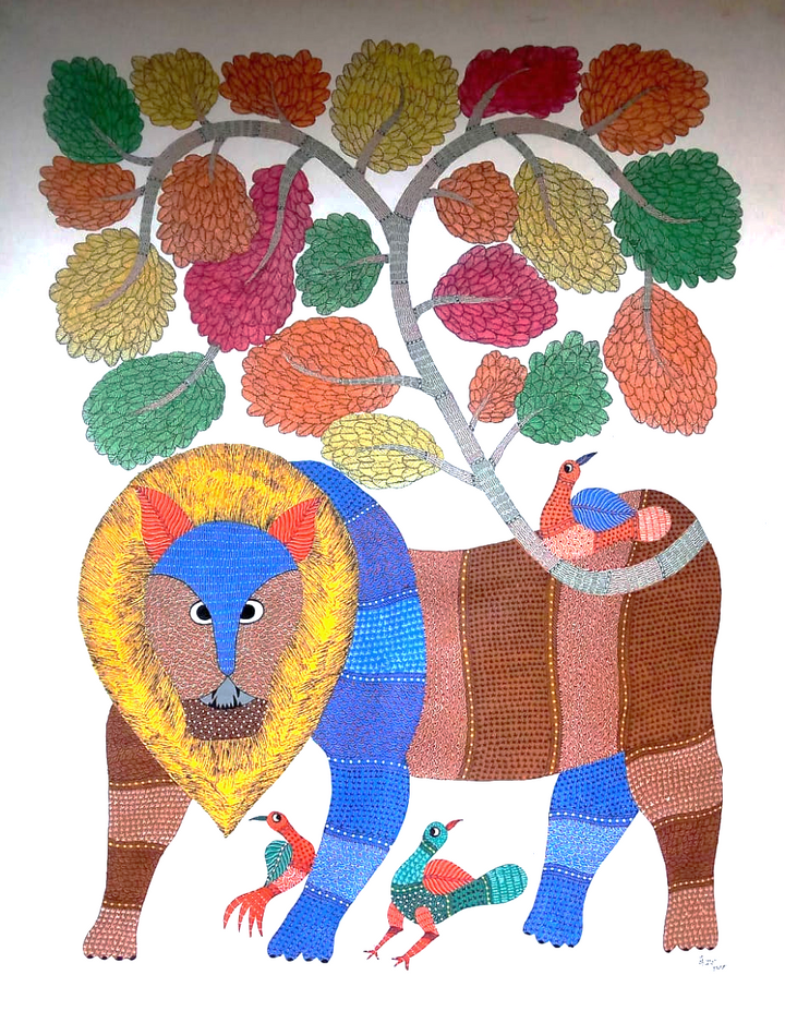 Embracing Diversity: Lion, Birds and Tree in Gond Art by Kailash Pradhan Thumbnail