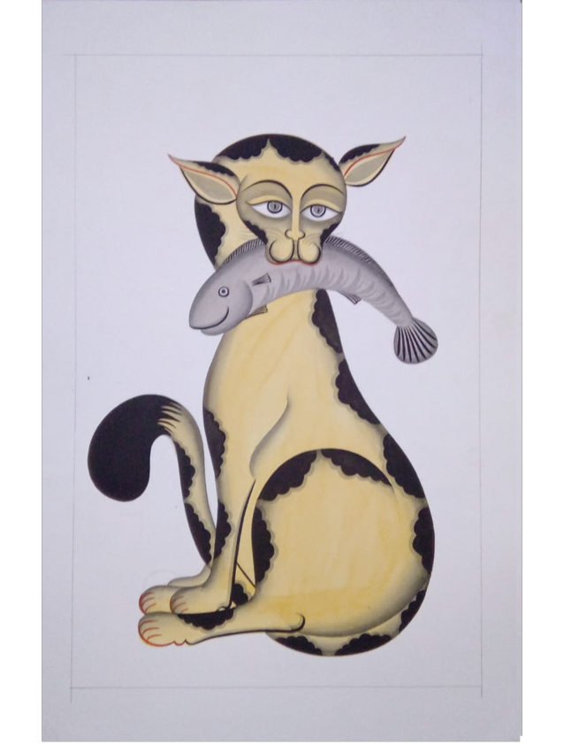 Enigmatic Black-Yellow Cat with its Prized Catch Kalighat art by Hasir Chitrakar Thumbnail