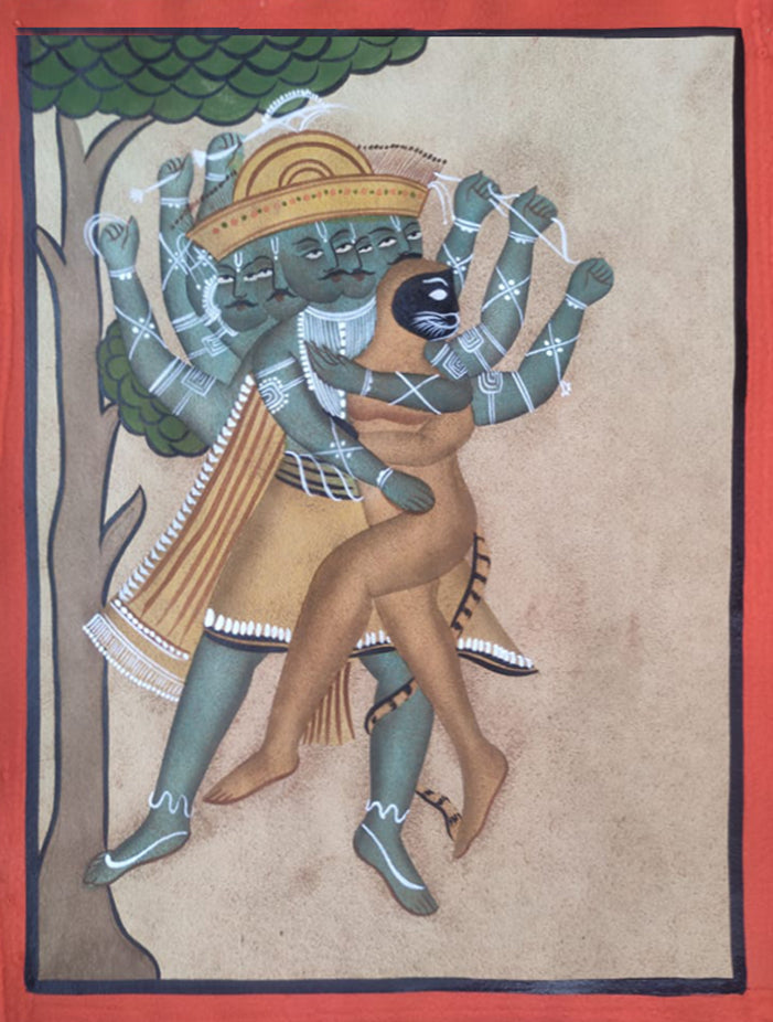 Epic Clash: Devil and Divine in One Frame, Kalighat style by Hasir Chitrakar Thumbnail