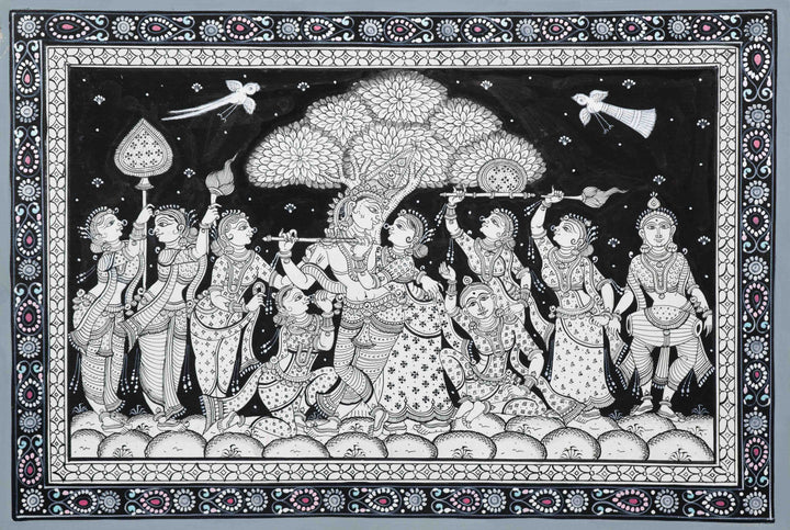 Eternal Bliss A Timeless Tale of Love and Devotion The Radha Krishna and Gopi Rasleela - Pattachitra Painting by Apindra Swain for Home Decor Thumbnail