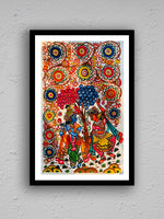 Purchase now: "Eternal Bliss" Tholu Bommalata painting of Radha Krishna's Radiant Rasleela in Vrindavan Garden.