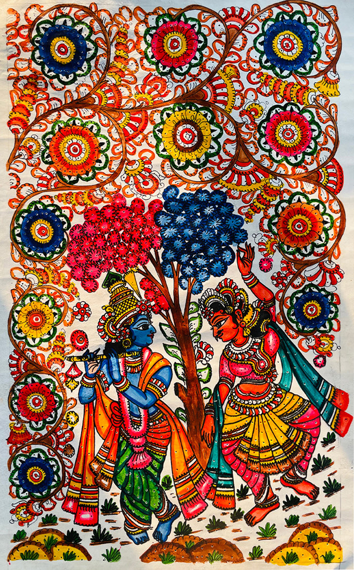 Eternal Bliss: The Radiant Radha Krishna Rasleela in Vrindavan Garden Tholu Bommalata Painting by Kanday Anjanappa Thumbnail