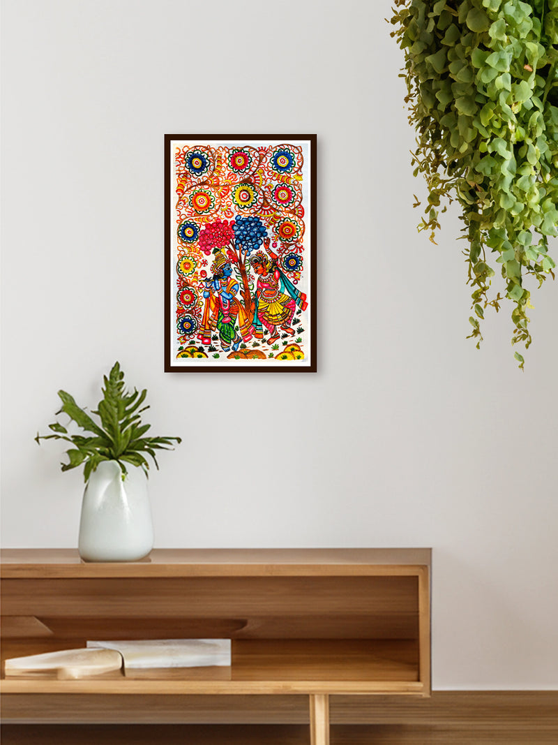 Captivating Radha Krishna Rasleela in Vrindavan Garden. Experience eternal bliss with this Tholu Bommalata painting. Buy now!