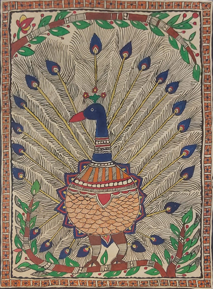 Eternal Dance of Colors: Madhubani's Peacock Symphony, Madhubani Painting by Priti Karn Thumbnail