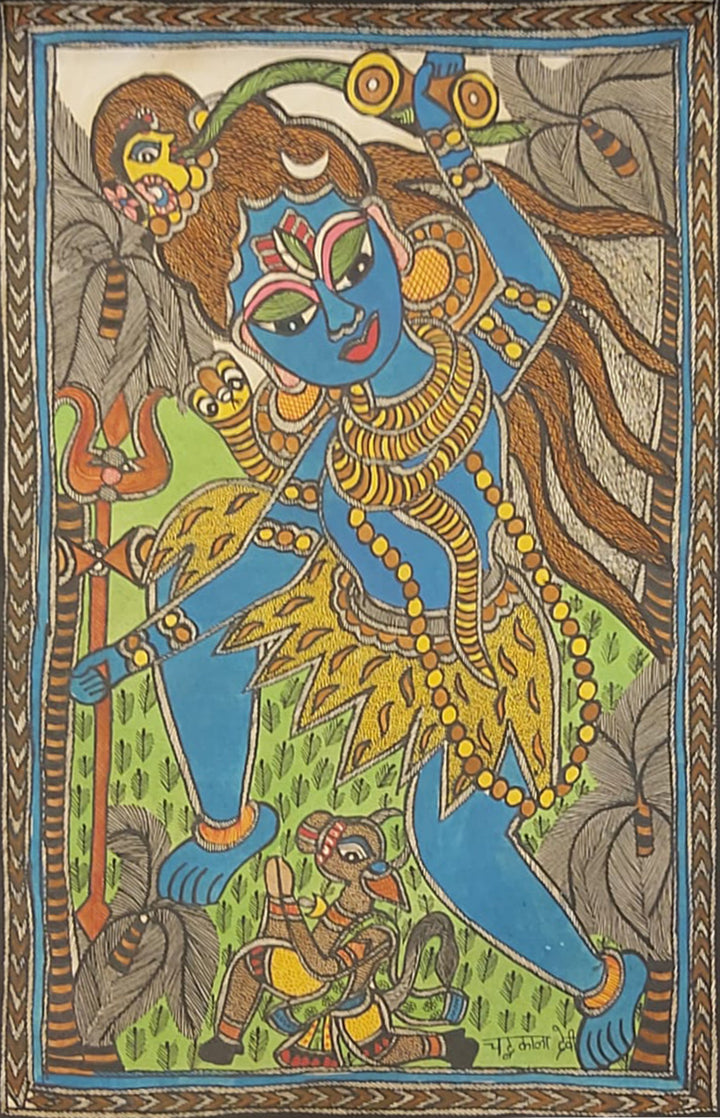 Euphoric Enigma: Ecstasy of Lord Shiva's Dance, Madhubani Painting by Priti Karn Thumbnail