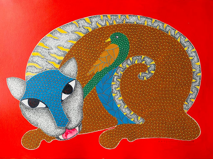 The Tiger and the Bird: A Forest Rendition in Gond by Venkat Shyam Thumbnail