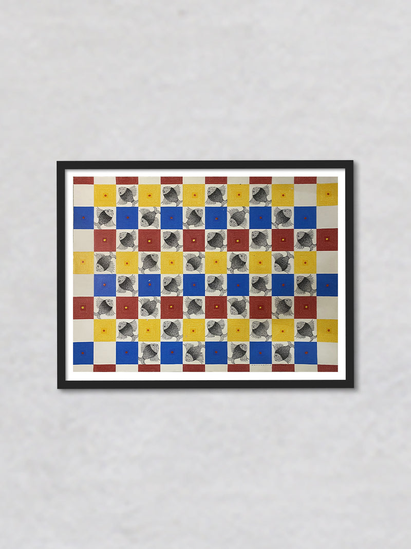 Playful Checks: Fishes in Grid Pattern in Gond by Venkat Shyam