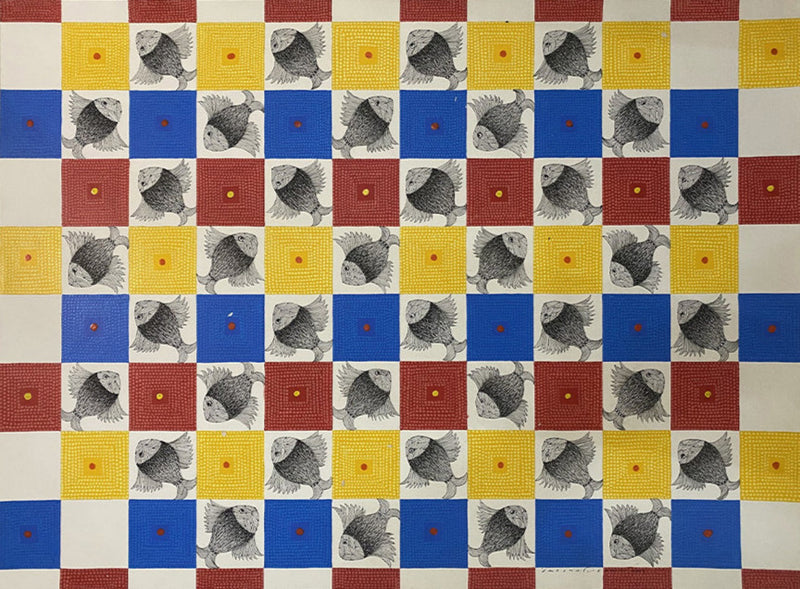 Playful Checks: Fishes in Grid Pattern in Gond by Venkat Shyam