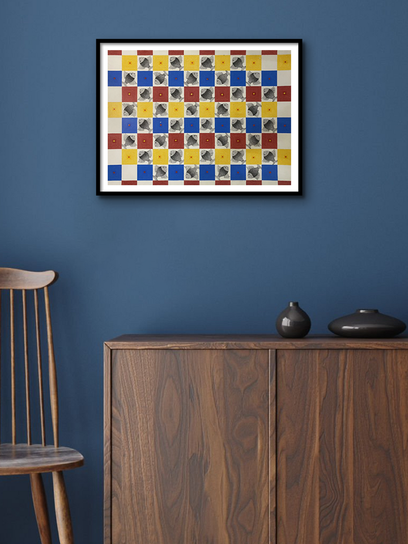 Playful Checks: Fishes in Grid Pattern in Gond by Venkat Shyam