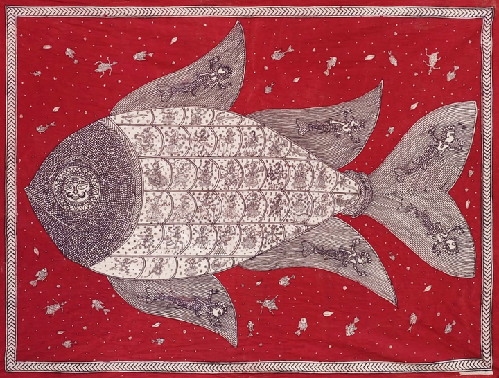 Fish With Goddesses Mata Ni Pachedi By Vasant Manubhai Chitara For Home Decor Thumbnail
