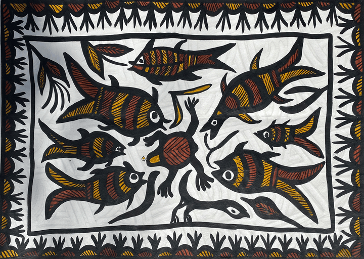 Fishes and Frog in Sohrai by Manikchand Mahto Thumbnail