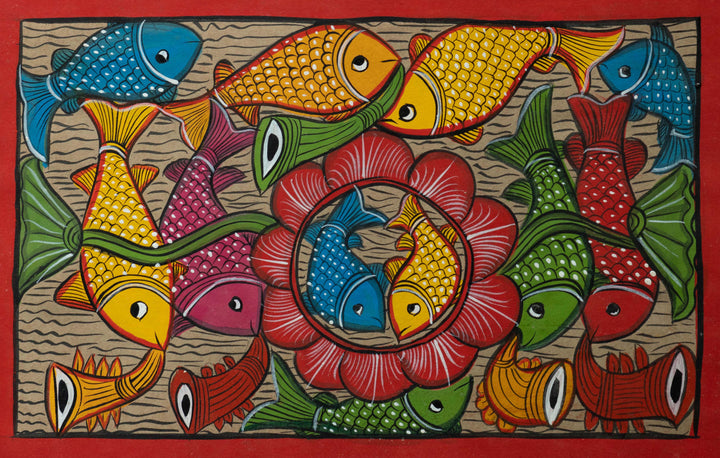 Fishes and flower in Santhal-Tribal Pattachitra by Manoranjan Chitrakar Thumbnail