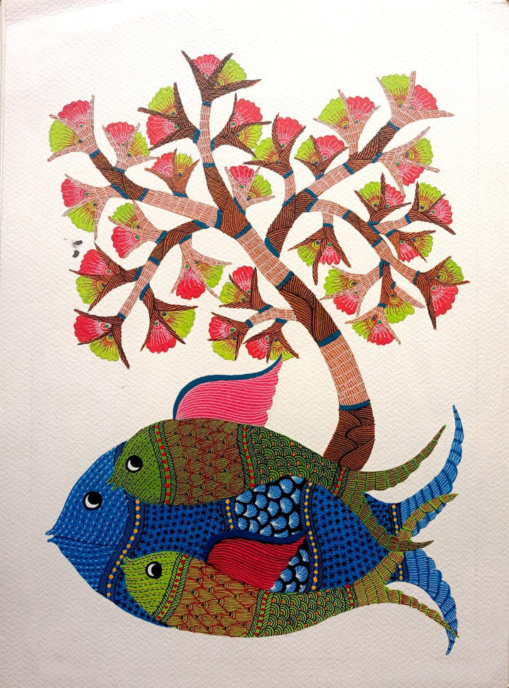 Fishes and Tree of Life in Gond by Kailash Pradhan Thumbnail
