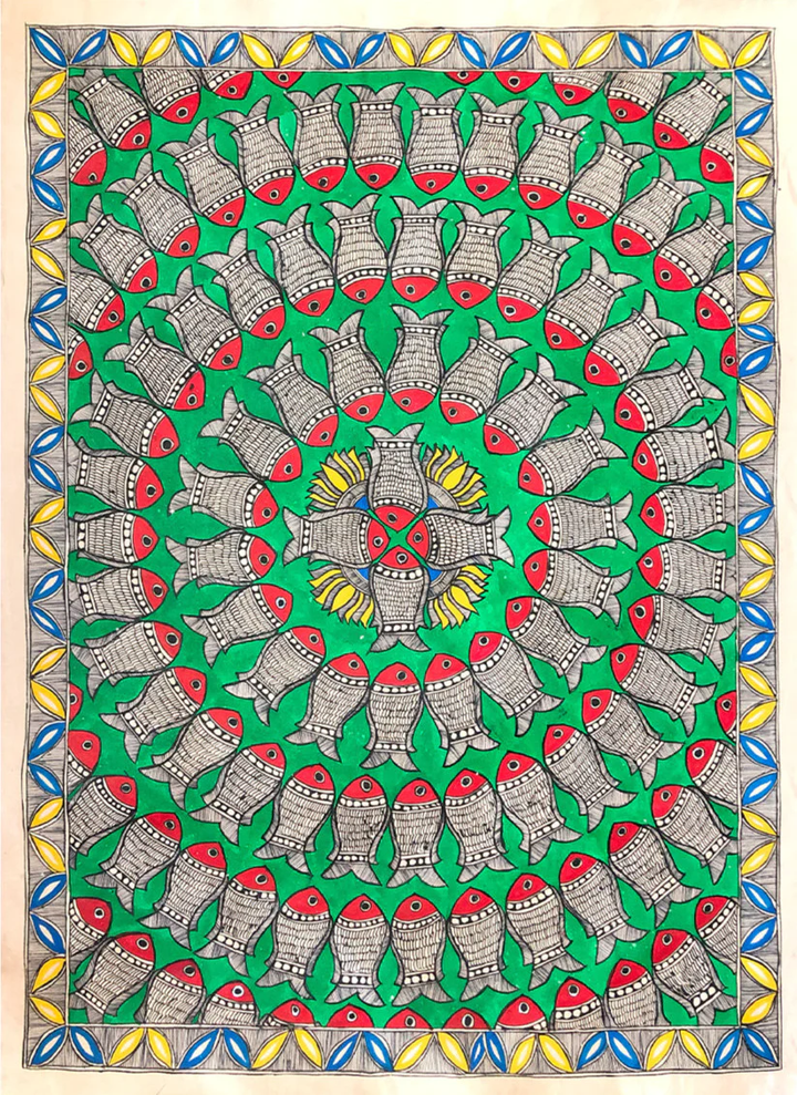 Fishes in the circle of Life, Madhubani by Ambika devi Thumbnail