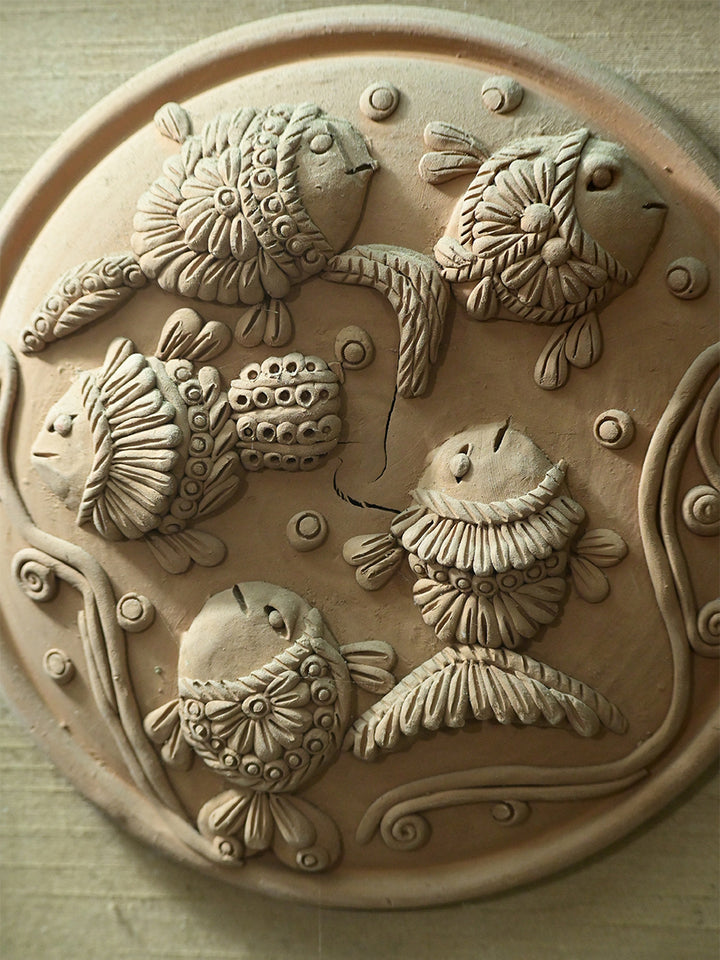 Fishes of Fortune: Symbolic Charms on Terracotta Plate, Terracotta art by Dolon Kundu Thumbnail