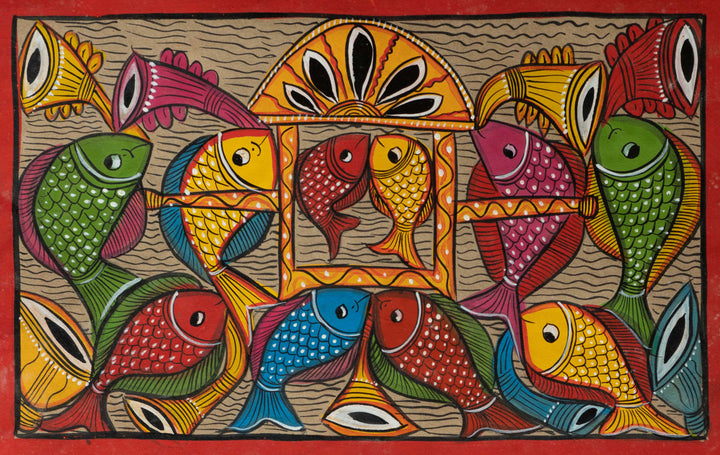 Fishes with instruments and palanquin: Santhal-Tribal Pattachitra by Manoranjan Chitrakar Thumbnail