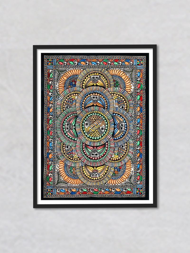 Fish in a circular floral pattern, Madhubani painting by Ambika devi
