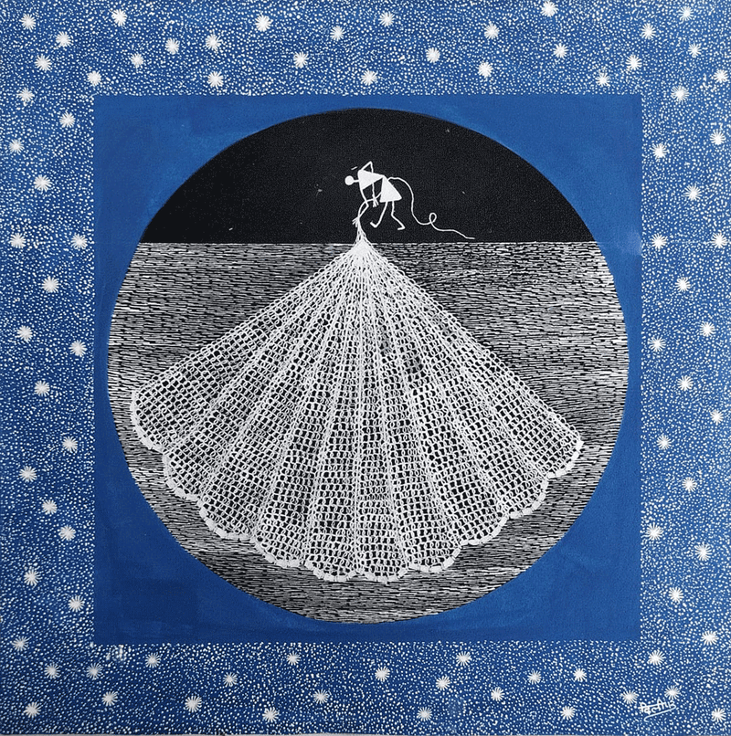 Buy Fishing night in Warli by Dilip Ram Bahotha