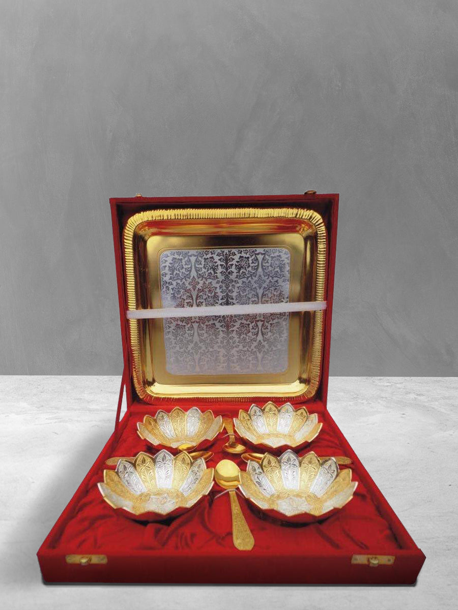 Order Online Floral designed tray with lotus shaped bowls in Moradabad Metal Craft | Tray and bowl for Sale