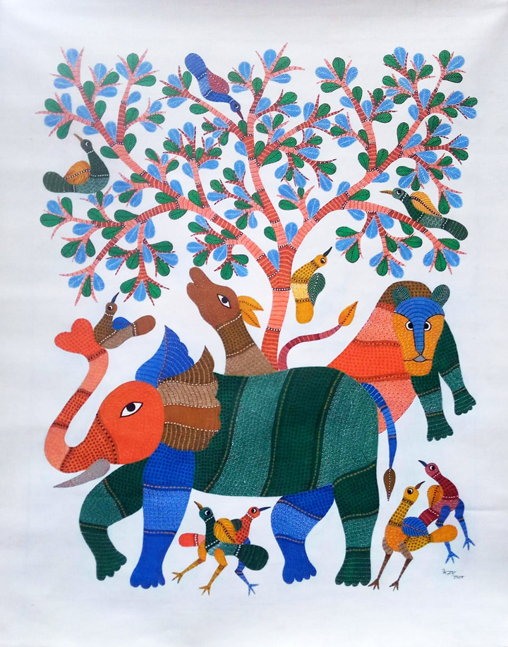 Forest Whispers: Animals of the Wild in Gond Art by Kailash Pradhan Thumbnail